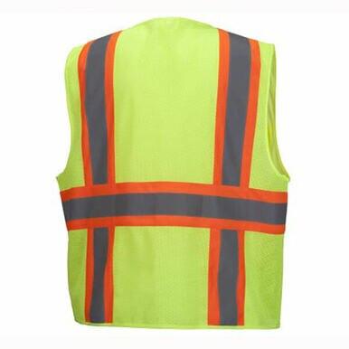 The Pyramex RVZ23 Series Hi-Viz Safety Vest by Pyramex Safety features a bright yellow design with two vertical and two horizontal orange reflective tape stripes, ensuring maximum visibility. It meets ANSI Type R - Class 2 standards, standing out vividly against the plain white background.