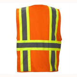 The Pyramex Safety RVZ23 Series Hi-Viz Safety Vest, designed for optimal visibility, features orange fabric with reflective yellow and gray stripes and meets ANSI Type R - Class 2 standards.