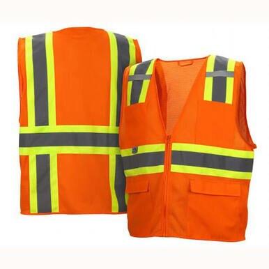 The Pyramex RVZ23 Series Hi-Viz Safety Vest from Pyramex Safety showcases bright orange fabric with yellow and gray reflective tape. One vest is displayed with its front featuring a zipper and pockets, while the other shows the back. These vests are certified as ANSI Type R - Class 2, guaranteeing maximum visibility in any environment.