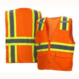 The Pyramex RVZ23 Series Hi-Viz Safety Vest from Pyramex Safety showcases bright orange fabric with yellow and gray reflective tape. One vest is displayed with its front featuring a zipper and pockets, while the other shows the back. These vests are certified as ANSI Type R - Class 2, guaranteeing maximum visibility in any environment.