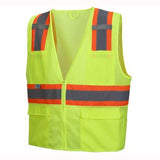 Introducing the Pyramex RVZ23 Series Hi-Viz Safety Vest by Pyramex Safety, an essential ANSI Type R - Class 2 garment. This vibrant yellow vest is equipped with orange and gray reflective tape and two front pockets, providing optimal visibility and functionality on the job.