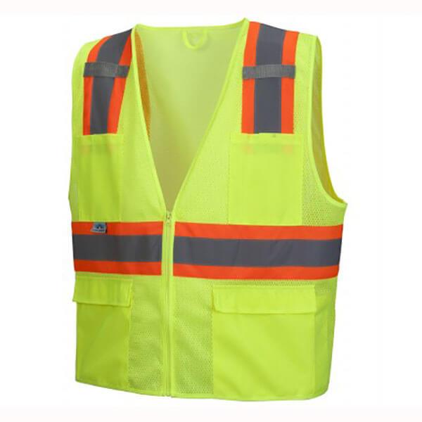 The Pyramex RVZ23 Series Hi-Viz Safety Vest by Pyramex Safety is ANSI Type R - Class 2 certified, featuring a bright yellow color with reflective tape in gray and orange stripes. It includes a front zipper and two convenient bottom pockets for enhanced functionality.