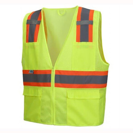 Introducing the Pyramex RVZ23 Series Hi-Viz Safety Vest, from Pyramex Safety. This bright yellow vest is enhanced with gray and orange reflective tape, featuring a convenient front zipper closure and two lower front pockets for added functionality. It meets ANSI Type R - Class 2 standards to ensure optimal visibility and safety.