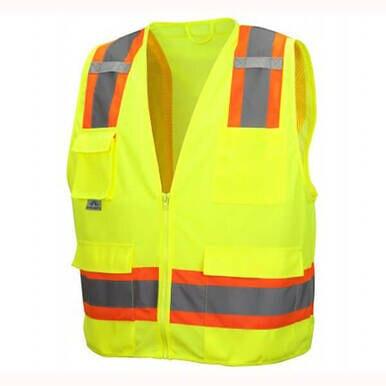 The Pyramex RVZ24 Series Hi-Viz Safety Vest by Pyramex Safety is a bright yellow, high-visibility safety vest featuring orange and gray reflective stripes and multiple pockets. Constructed from ANSI Type R - Class 2 reflective material, this vest offers maximum job site safety with superior visibility.