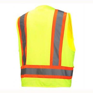 A Pyramex RVZ24 Series Hi-Viz Safety Vest by Pyramex Safety, ANSI Type R - Class 2, in bright yellow with orange and gray reflective stripes is displayed from the back against a plain background.