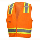 Introducing the Pyramex RVZ24 Series Hi-Viz Safety Vest by Pyramex Safety, crafted with orange breathable mesh and enhanced with silver and yellow reflective material. This ANSI Type R - Class 2 vest comes equipped with a convenient zipper front and multiple pockets, making it ideal for construction or roadside work to ensure optimal visibility and safety on the job.