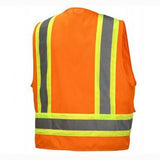 The Pyramex Safety RVZ24 Series Hi-Viz Safety Vest, constructed to meet ANSI Type R - Class 2 standards, features yellow and grey reflective stripes on the back for enhanced visibility.