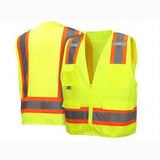 The Pyramex RVZ24 Series Hi-Viz Safety Vests by Pyramex Safety are two ANSI Type R - Class 2 garments in bright yellow, featuring orange and reflective gray stripes. The front vest is equipped with pockets and a zip closure, while the back highlights a wide reflective material pattern to improve visibility.