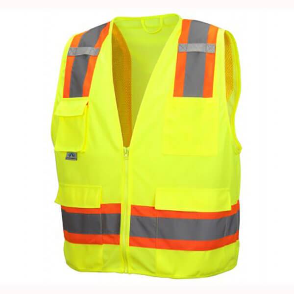 The Pyramex Safety RVZ24 Series Hi-Viz Safety Vest is made with ANSI Type R - Class 2 reflective material. This bright yellow vest features orange and gray reflective stripes, multiple front pockets, and a front zipper closure, all displayed on a plain white background.