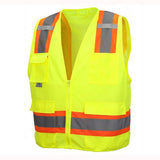 The Pyramex Safety RVZ24 Series Hi-Viz Safety Vest is designed in bright yellow with orange and gray reflective material stripes across the chest and shoulders. It features multiple pockets, a front zipper, and meets ANSI Type R - Class 2 standards.