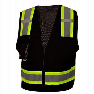 The Pyramex Enhanced Visibility Survey Vests RVZ2411CP by Pyramex Safety features bright neon yellow reflective stripes on the shoulders and waist, designed to enhance visibility.