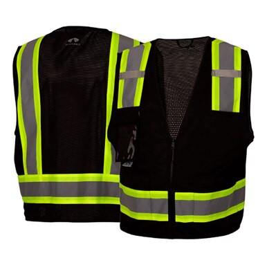 Two Pyramex Enhanced Visibility Survey Vests RVZ2411CP from Pyramex Safety, featuring a black design with bright yellow stripes and gray accents, ensure enhanced visibility. One vest is displayed unzipped from the front, while the other is shown from the back for a comprehensive view of their hi-visibility features.