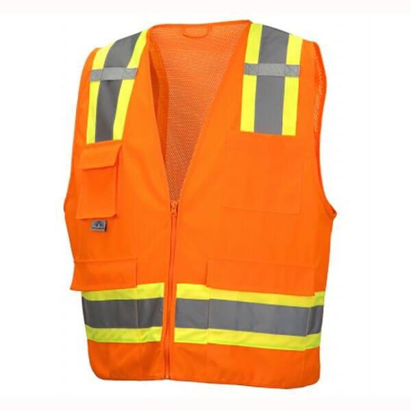 Introducing the Pyramex Safety RVZ24 Series Hi-Viz Safety Vest, designed in a vibrant orange color with reflective yellow and gray stripes. This ANSI Type R - Class 2 vest is equipped with a zip front closure and includes a practical front pocket on the left side for enhanced functionality.