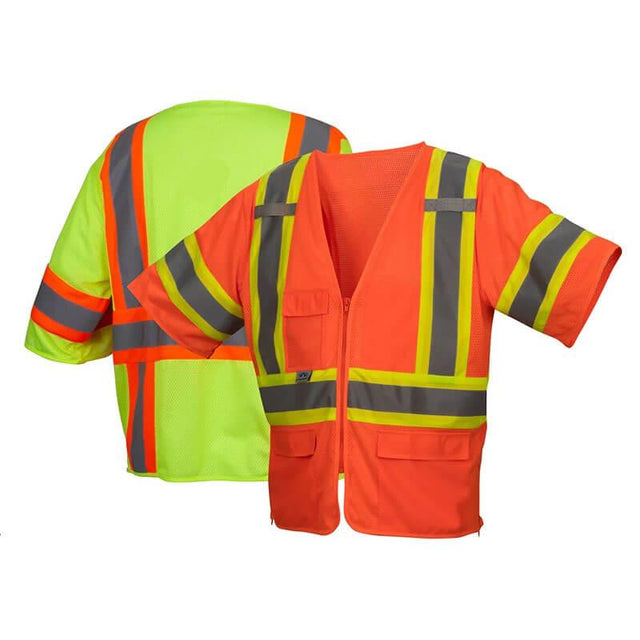 Two high-visibility safety vests from Pyramex Safety: a neon green vest and a bright orange vest, both crafted from hi-vis polyester with reflective silver and yellow stripes. The Pyramex RVZ36 Series Class 3 Mesh Surveyor Vest in orange includes a front zipper and multiple pockets, while the green vest provides a casual, t-shirt style fit.