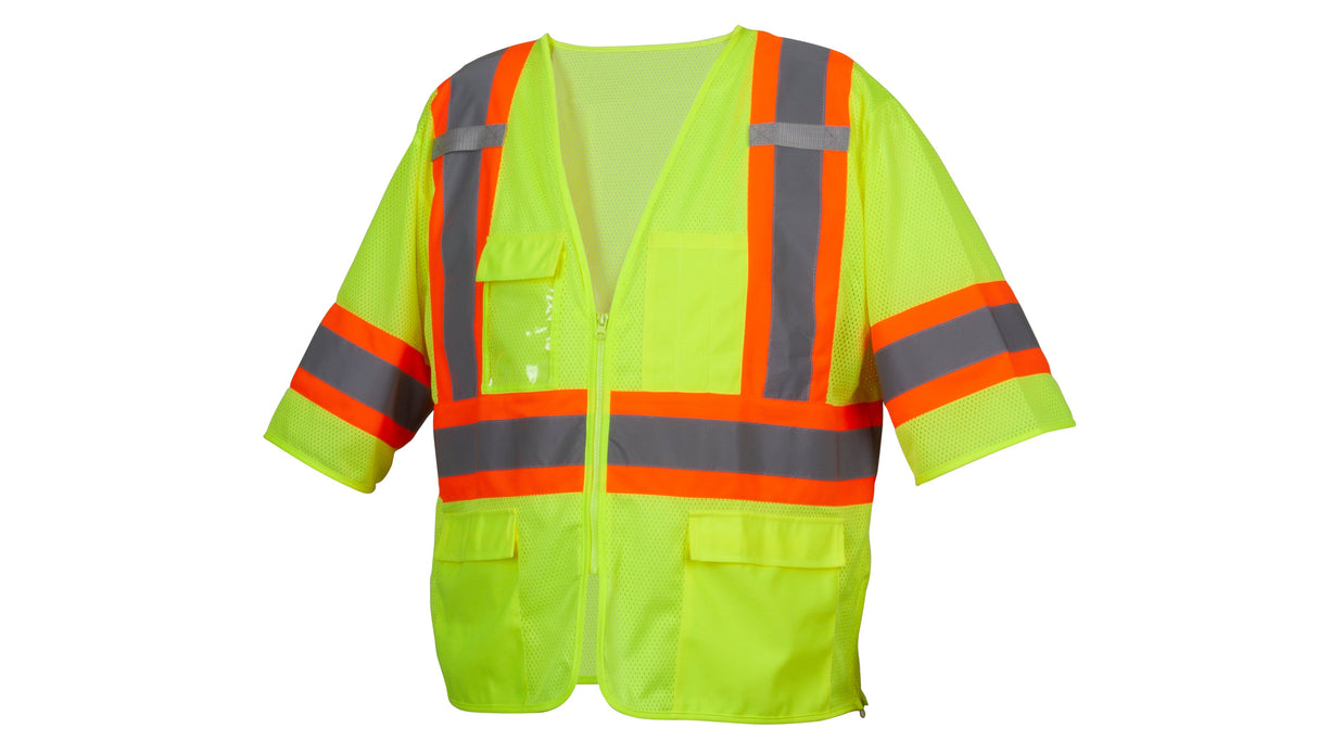 The Pyramex Safety RVZ36 Series Class 3 Mesh Surveyor Vest, in a vibrant bright yellow, is displayed against a white background. It features orange and silver reflective material to ensure high visibility. Made from hi-vis polyester mesh, this vest includes short sleeves and multiple pockets for functionality.