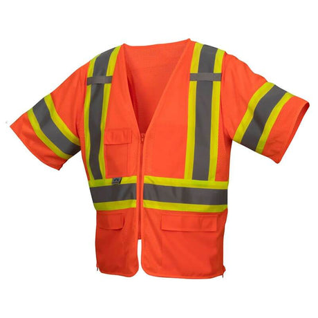 The Pyramex RVZ36 Series Class 3 Mesh Surveyor Vest by Pyramex Safety is crafted from hi-vis polyester and features gray and yellow reflective stripes. It is an ANSI Class 3 vest, equipped with short sleeves, a front zipper, and multiple pockets to provide practicality and enhanced visibility in various conditions.