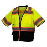 The Pyramex Safety RVZ37B Series Class 3 Mesh Surveyor Vest is a vibrant yellow hi-vis vest with short sleeves, designed to enhance visibility with reflective silver and orange stripes. It features convenient front pockets, a black lower section, and a central zipper. This ANSI Type R Class 3 vest is ideal for ensuring high-visibility safety.