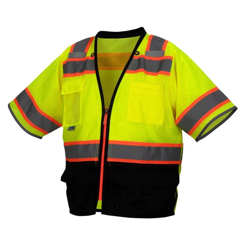 The Pyramex RVZ37B Series Class 3 Mesh Surveyor Vest by Pyramex Safety comes in bright yellow and black, and features reflective silver and orange stripes. It includes a front zipper and multiple pockets for enhanced functionality, ensuring high visibility with its ANSI Type R Class 3 design.