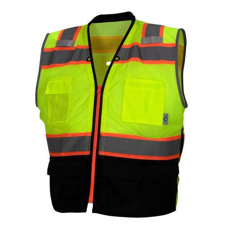 Introducing the Pyramex RVZ46B Series Type R Class 2 Vest by Pyramex Safety: This vibrant yellow safety vest boasts reflective orange and gray stripes, a convenient front zipper, multiple pockets, and distinctive black trim at the bottom. Designed for maximum traffic safety visibility.