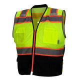 The Pyramex Safety RVZ46B Series Type R Class 2 Vest is categorized under Traffic Safety Equipment and features reflective gray and orange stripes, multiple pockets, and a front zipper. It is primarily fluorescent yellow, designed for enhanced visibility in low-light or high-traffic environments.