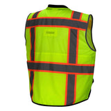 The Pyramex RVZ46B Series Type R Class 2 Vest, produced by Pyramex Safety, is displayed from the back. This essential piece of traffic safety equipment boasts bright yellow-green fabric complemented by reflective orange and gray stripes. Crafted as sleeveless workwear, it is designed to enhance visibility in a variety of conditions.