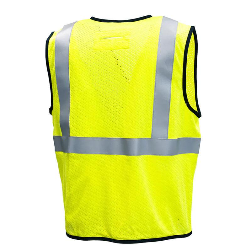 The Pyramex RVZ52FR Series Type R Class 2 AR/FR Vest by Pyramex Safety is a bright yellow high-visibility safety vest featuring reflective silver strips across the back and shoulders. This sleeveless vest is made from breathable mesh material.