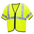 Introducing the Pyramex RVZ53FR Series Type R Class 3 AR/FR Vest by Pyramex Safety. This high-visibility work vest comes in a bright yellow color with short sleeves and black trim. It is equipped with reflective gray stripes across the chest and vertically over the shoulders to ensure maximum visibility. Designed for Arc flash protection, the vest also features a convenient front zipper for closure.