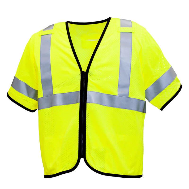 Introducing the Pyramex RVZ53FR Series Type R Class 3 AR/FR Vest by Pyramex Safety. This high-visibility work vest comes in a bright yellow color with short sleeves and black trim. It is equipped with reflective gray stripes across the chest and vertically over the shoulders to ensure maximum visibility. Designed for Arc flash protection, the vest also features a convenient front zipper for closure.