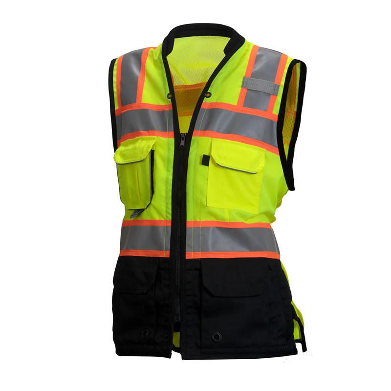 The Pyramex Women's Cinch Fit RVZF61 Series Safety Vest by Pyramex Safety is an ANSI Type R Class 2 high-visibility vest in bright yellow, featuring orange and gray reflective striping. It is tailored with a women's cinch fit and includes two front pockets, along with black trimming at the edges for a combination of style and safety.