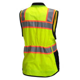 The Pyramex Safety Women's Cinch Fit RVZF61 Series Safety Vest is a bright yellow sleeveless vest featuring silver and orange reflective striping. Designed to meet ANSI Type R Class 2 standards, it enhances safety in low-light environments with reflective stripes around the chest and across the back.