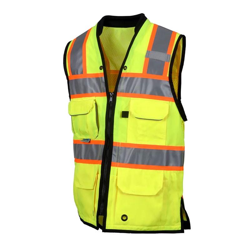 The Pyramex Women's Cinch Fit RVZF61 Series Safety Vest by Pyramex Safety is a bright yellow, Type R Class 2 vest featuring reflective silver and orange striping. It comes with multiple pockets and a front zipper closure for enhanced visibility and protection.