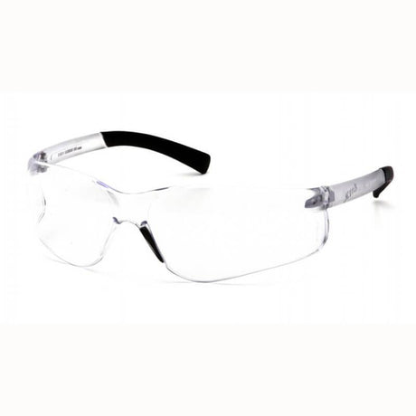 The Pyramex Ztek Reader Safety Glasses S25_0R 6/box by Pyramex Safety are displayed, highlighting their modern and sleek design. These glasses feature black temple tips and wraparound lenses that provide comprehensive eye protection, with scratch-resistant surfaces and UVA/B/C protection.