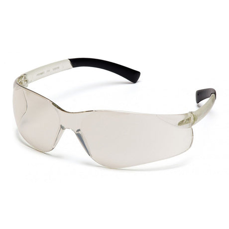 The Pyramex Ztek Safety Glasses S2510S, by Pyramex Safety, feature clear lenses with black temple tips for eye and UV protection. Their wraparound, frameless design ensures a wide field of vision and scratch resistance while offering a lightweight and comfortable fit.