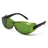 Introducing the Pyramex OT Welding Safety Glasses S35_0SFJ (12/box) by Pyramex Safety, featuring green safety sunglasses with black frames and side shields. These glasses come with oval lenses and are also available as prescription eyewear for those requiring vision correction on the job.