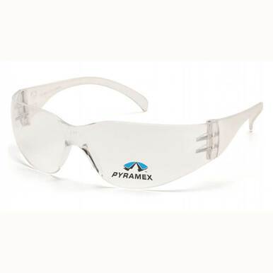 The Pyramex Safety Intruder Reader Safety Glasses S4110R, equipped with clear reader lenses and featuring a wraparound design with curved lenses, proudly display the Pyramex logo on the side. They provide scratch-resistant protection against UVA/B/C rays, ensuring both comfort and durability in demanding environments.