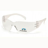 The Pyramex Safety Intruder Reader Safety Glasses S4110R, equipped with clear reader lenses and featuring a wraparound design with curved lenses, proudly display the Pyramex logo on the side. They provide scratch-resistant protection against UVA/B/C rays, ensuring both comfort and durability in demanding environments.