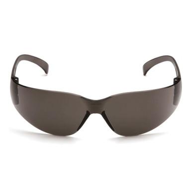 A front view of the Pyramex Intruder Anti-fog Safety Glasses S41_0ST, showcasing sleek black wraparound frames with scratch-resistant lenses and curved temples, set against a white background.