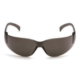 A front view of the Pyramex Intruder Anti-fog Safety Glasses S41_0ST, showcasing sleek black wraparound frames with scratch-resistant lenses and curved temples, set against a white background.