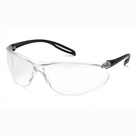 The Pyramex Neshoba H2Max Anti-Fog Safety Glasses S97_0STM from Pyramex Safety boast modern, lightweight construction and clear, wraparound lenses for comprehensive eye coverage. They feature black earpieces and advanced anti-fog lens technology for superior protection. The UV protection ensures your eyes stay safe in a variety of conditions, all showcased against a simple, light background.