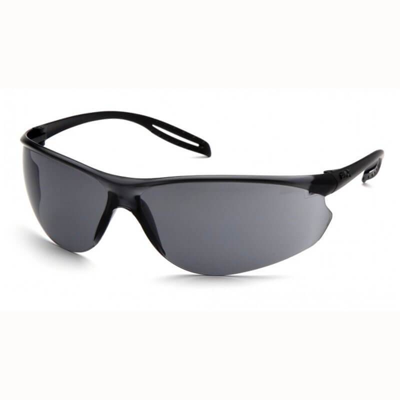 Introducing the Pyramex Neshoba H2Max Anti-Fog Safety Glasses S97_0STM, designed by Pyramex Safety. These sleek black sunglasses feature a modern wraparound design with UV protection and dark tinted lenses. With thin, curved arms and a minimalist style, they are perfect for both sports and casual wear.