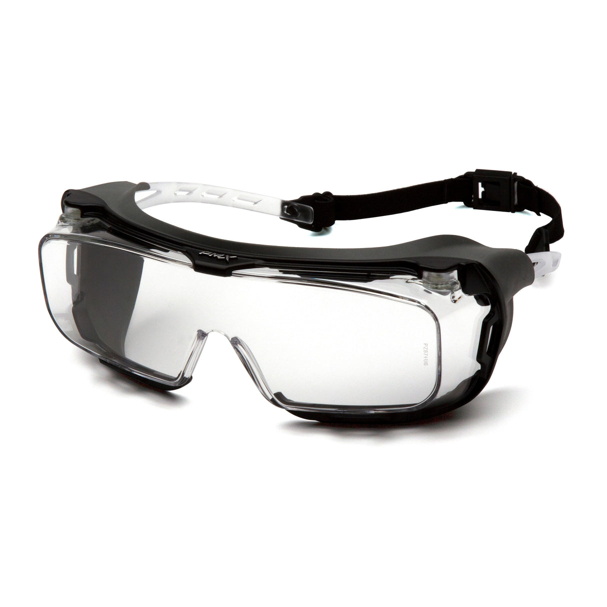 Close-up of Pyramex Cappture Safety Glasses S99_0STMRG by Pyramex Safety, featuring clear lenses and a black and white adjustable strap. These goggles boast a sleek design with a sturdy frame and are equipped with a rubber gasket for enhanced eye protection.