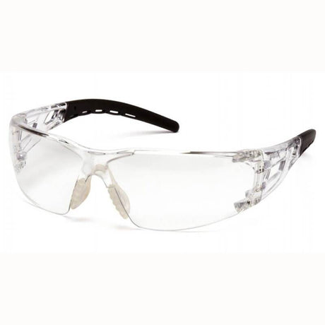 The Pyramex Fyxate H2X Anti-Fog Safety Glasses SB102_0ST feature a stylish black frame and clear lenses, making them suitable for any setting. Designed by Pyramex Safety, they offer impact protection, adjustable nose pads, and gently curved arms for a secure and comfortable fit.