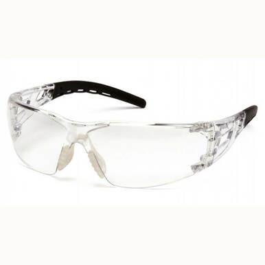 The Pyramex Safety Fyxate H2X Anti-Fog Safety Glasses, model SB102_0ST, come in a pack of 12 and feature transparent lenses with black temple tips. Their wraparound design ensures impact protection with a sleek appearance, providing both functionality and style for superior eye protection.