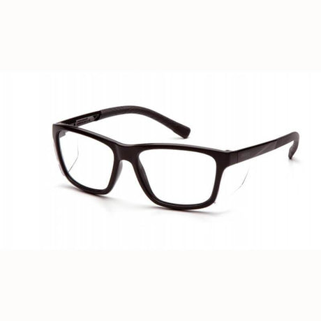 The Pyramex Conaire Safety Glasses SB107, featuring a black rectangular frame with polycarbonate lenses that provide sleek UVA/B/C protection, are displayed on a white background. These safety glasses boast thin, straight arms and a modern design.