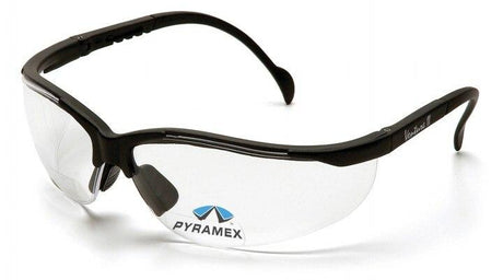 A pair of Pyramex Venture II V2 Reader Safety Glasses with clear lenses and black frames, featuring the "Pyramex" brand printed next to a blue and white pyramid logo. These glasses comply with OSHA ANSI Z87.1 standards for eye protection.