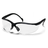 The Pyramex Venture II Safety Glasses, offered by Pyramex Safety, feature a stylish design with black frames, clear lenses, and rubber nose pads. Their wrap-around style provides extensive eye protection and dependable UV protection for comfort and safety throughout the day.