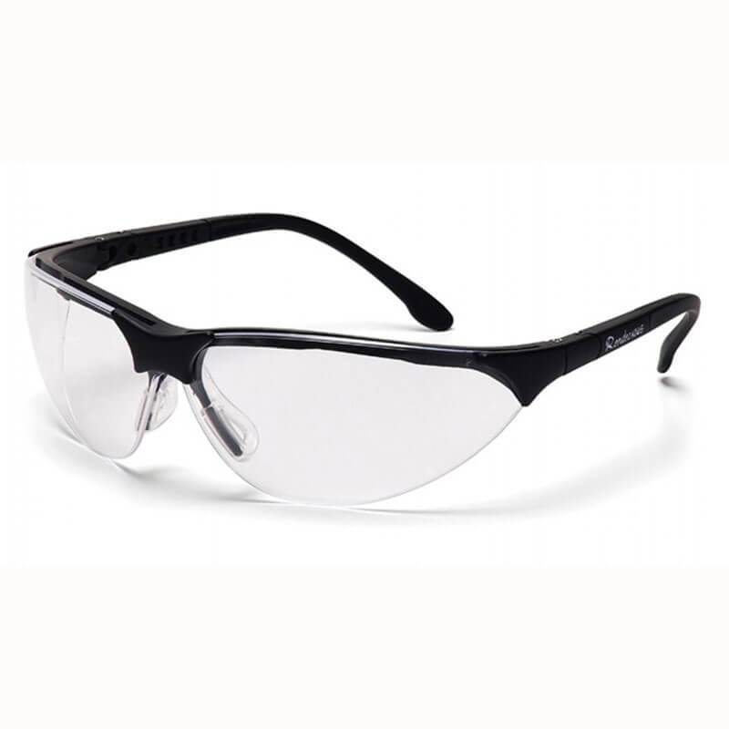 The Pyramex Rendezvous H2X Anti-Fog Safety Glasses, available in a box of 12 from Pyramex Safety, feature black frames and curved lenses that provide UV protection and are scratch-resistant. They include adjustable nose pads and sleek temples for a modern appearance suitable for protective eyewear.