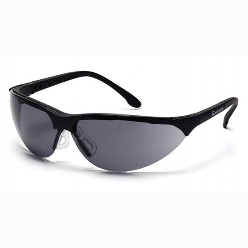 A pair of sleek black Pyramex Rendezvous H2X Anti-Fog Safety Glasses featuring dark tinted lenses, UV protection, and curved arms, isolated on a white background.