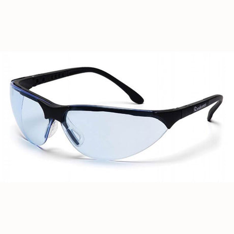 The Pyramex Safety Rendezvous H2X Anti-Fog Safety Glasses, available 12 per box, boast a sleek, modern design with blue-tinted lenses and black frames. These scratch-resistant glasses provide UV protection while maintaining a fashionable look.