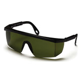 A pair of Pyramex Integra Welding Shade Safety Glasses by Pyramex Safety, featuring a dark green tint with a black frame and side arms. The wraparound lenses offer full coverage, making them an excellent choice for protective eyewear. The glasses are displayed against a white background.